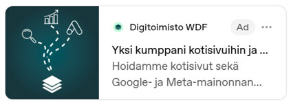 Esimerkki ChatGPT-mainoksesta: Digitoimisto WDF:n mainos otsikolla, kuvauksella ja kuvalla, merkittynä Ad-tunnuksella
